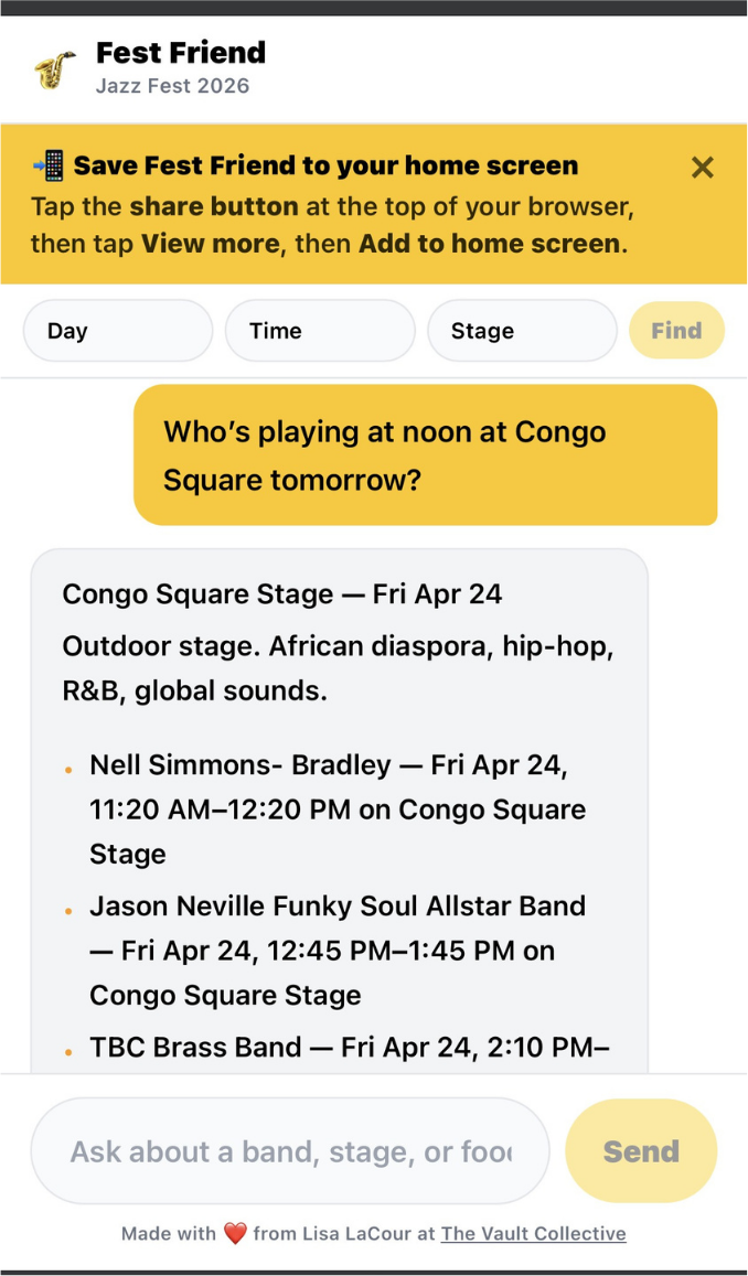 Fest Friend, an AI concierge for Jazz Fest